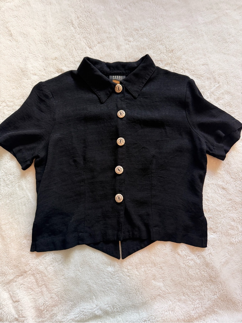 Black Short-Sleeve Button Front Women's Top
